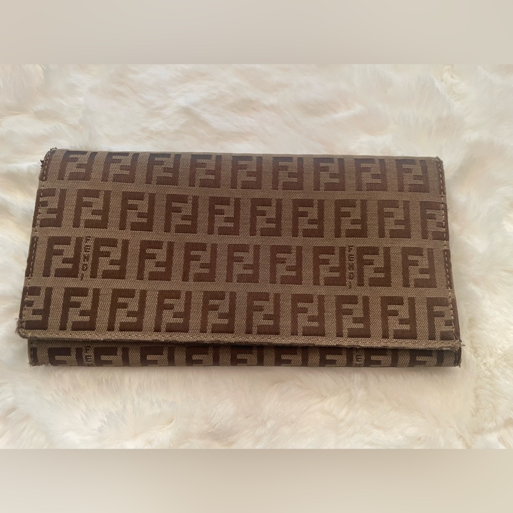 Authentic FENDI Zucca  Canvas Leather Bifold Long Wallet